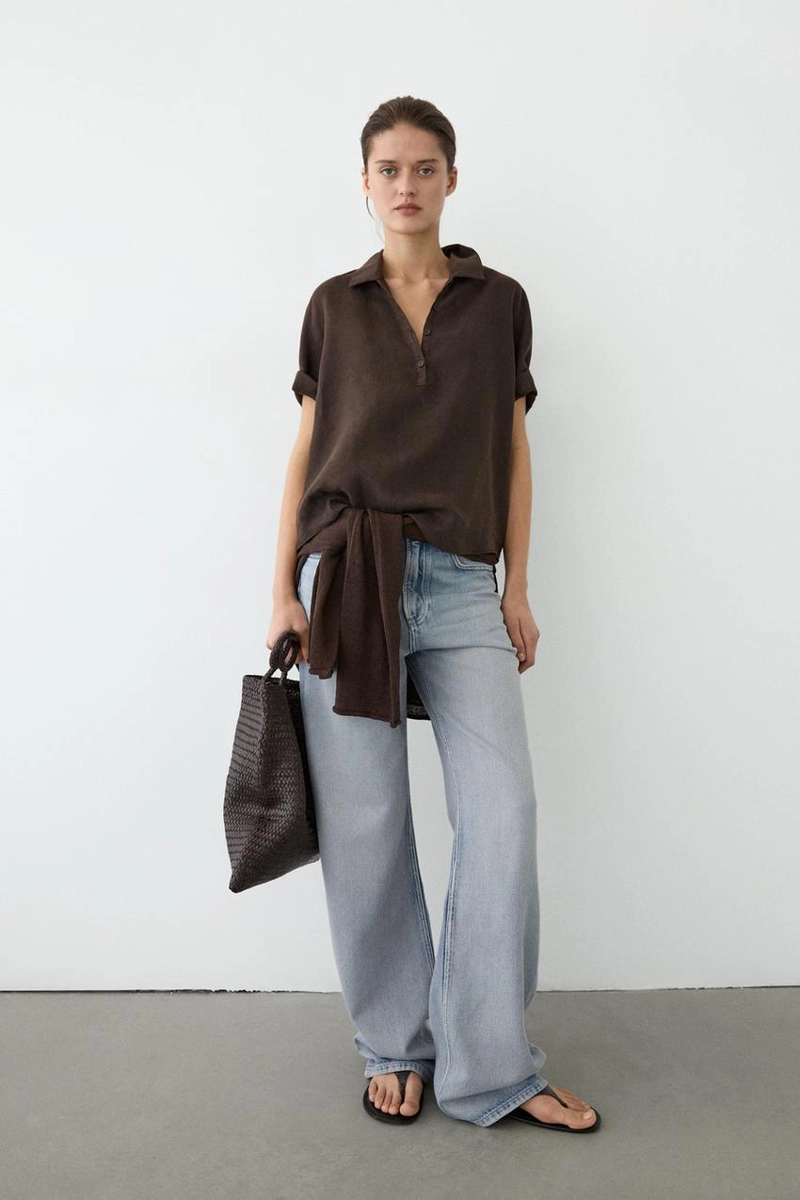 Блузка из льна с воротником-поло