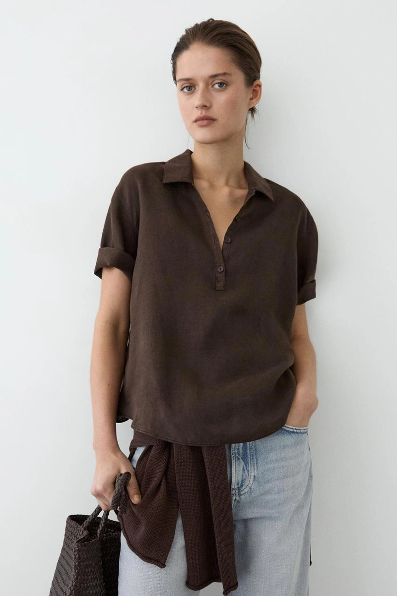 Блузка из льна с воротником-поло
