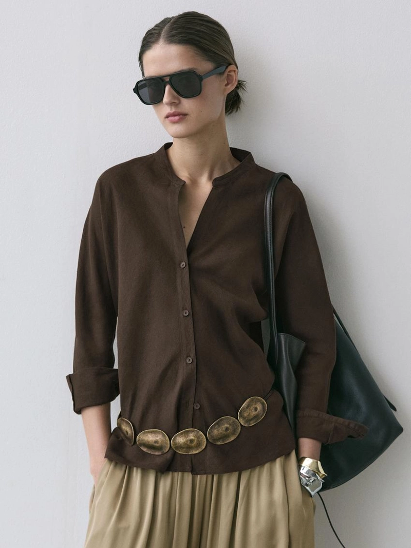 Рубашка с воротником стойка из 100% льна