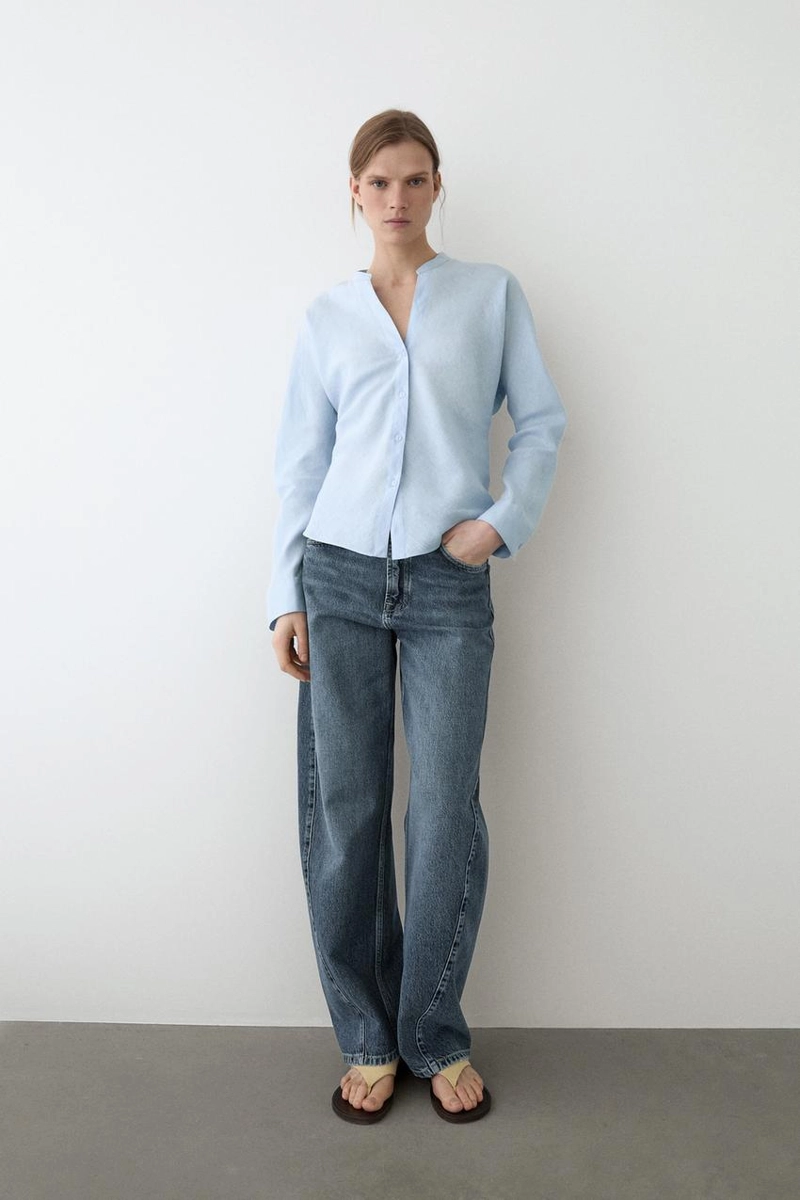 Рубашка с воротником-стойкой из 100% льна