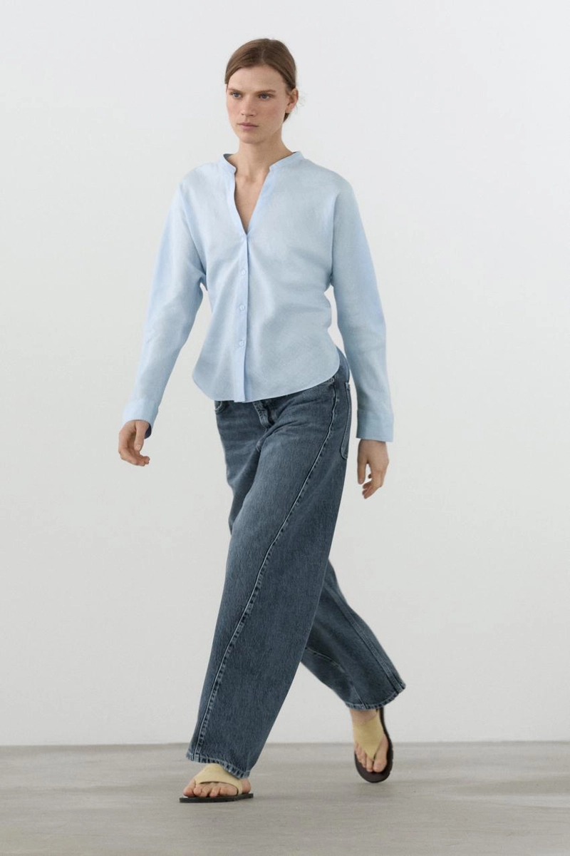 Рубашка с воротником-стойкой из 100% льна