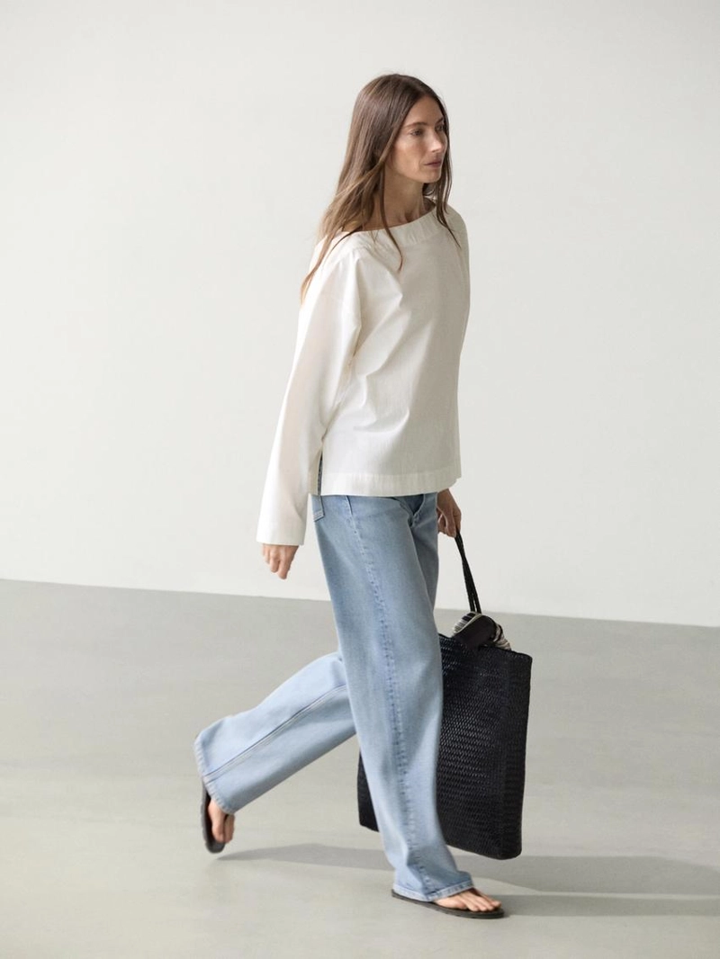 Блуза с лодочным вырезом из поплина