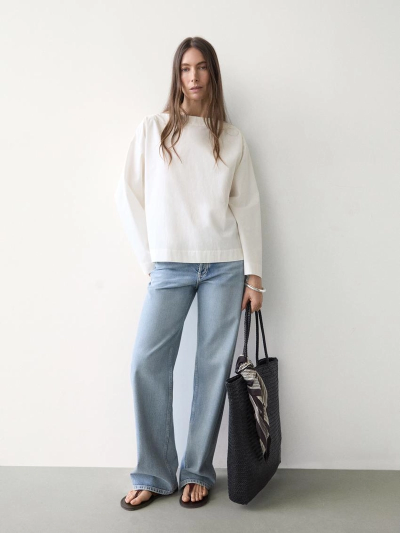 Блуза с лодочным вырезом из поплина