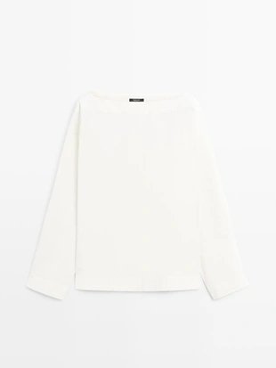 WHITE | 5134/634/250 - Massimo Dutti Блуза с лодочным вырезом из поплина