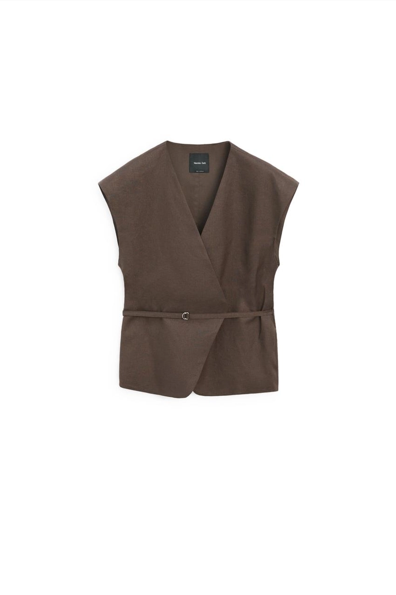 Жилет из смесового льна с оборками на оборчатой горловине