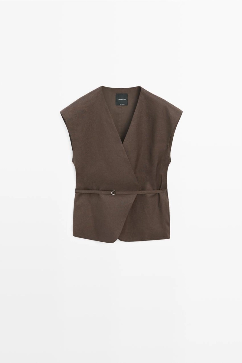 Жилет из смесового льна с оборками на оборчатой горловине