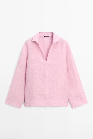 Блузка с воротником с лацканами из 100% льна- Заказать в России