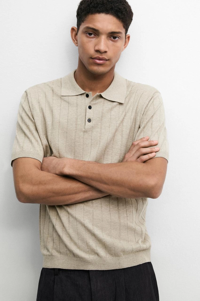 Поло из вязаного хлопково-льняного смеси с короткими рукавами