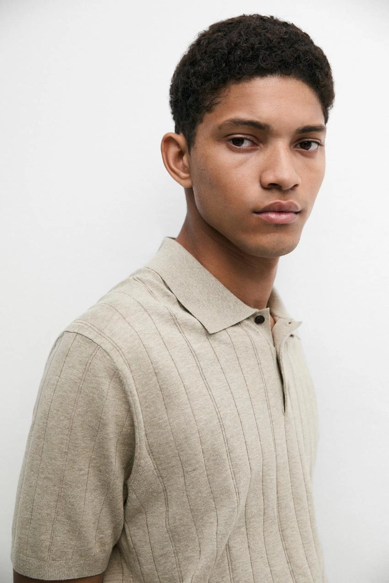 Поло из вязаного хлопково-льняного смеси с короткими рукавами