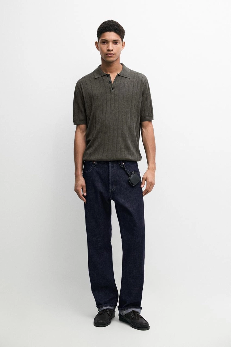 Поло из вязаного хлопково-леняного микса с короткими рукавами