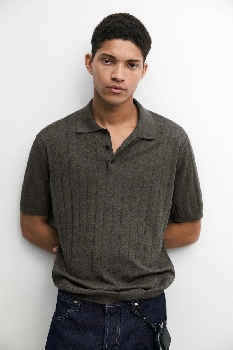 Поло из вязаного хлопково-леняного микса с короткими рукавами