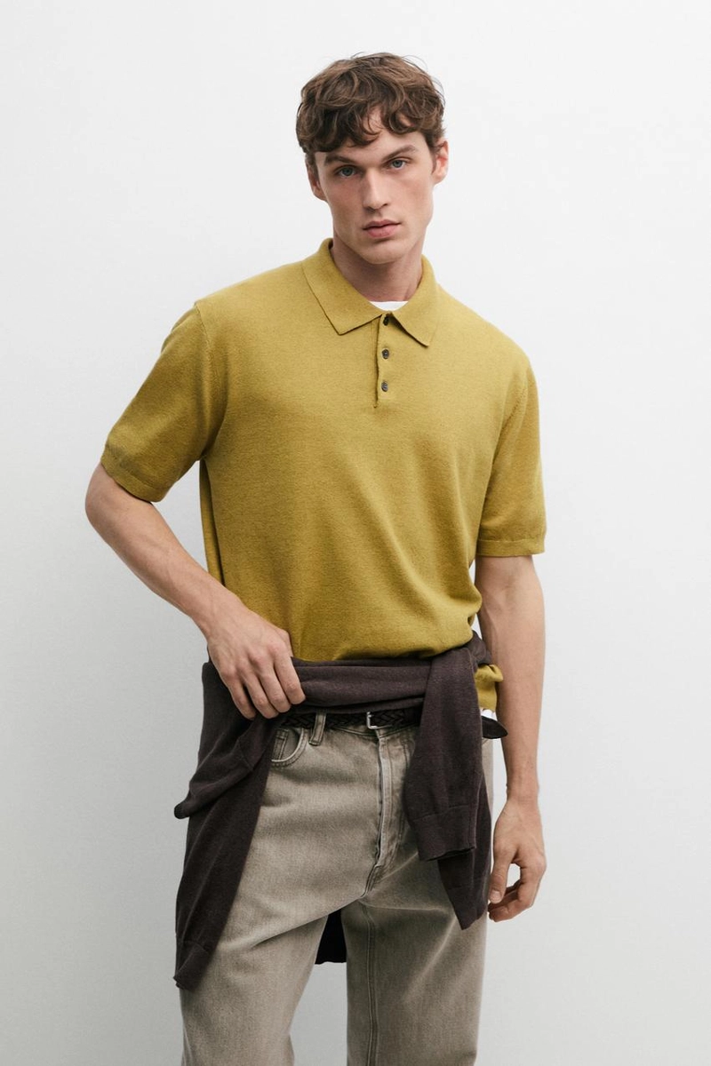 Поло из хлопка и льна с коротким рукавом