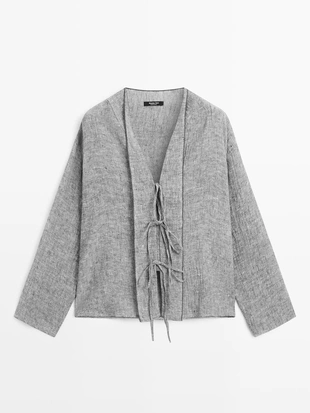 Блуза из льняной смеси с завязками- Заказать в России