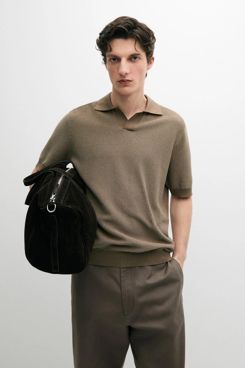 Поло-свитер с воротником-стойкой из текстурированного хлопкового трикотажа