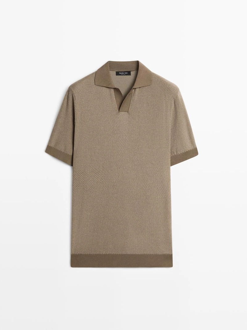 Поло-свитер с воротником-стойкой из текстурированного хлопкового трикотажа