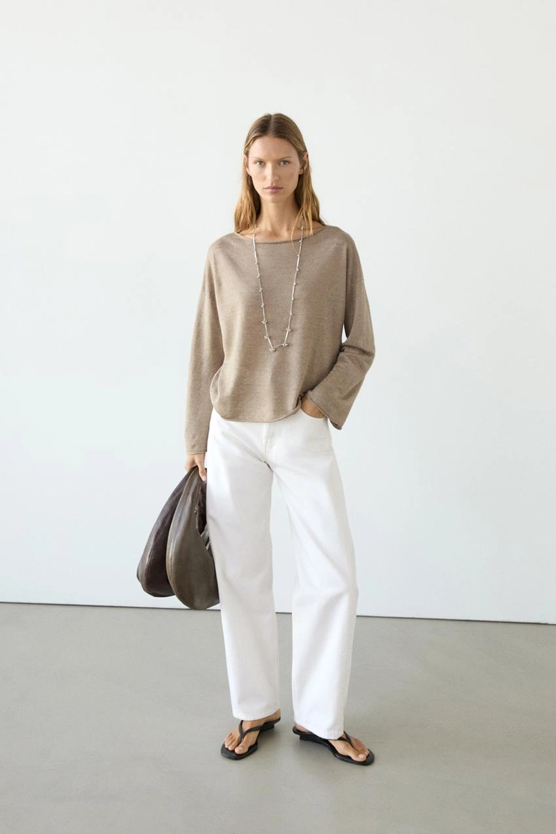 Пуловер с лодочкой из льна