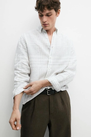 WHITE | 2061/290/250 - Massimo Dutti Рубашка из 100% льна с деталями в клетку