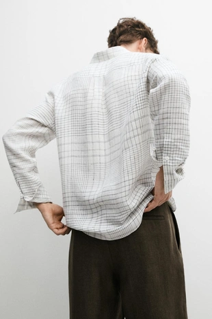 Рубашка из 100% льна с деталями в клетку- Заказать в России
