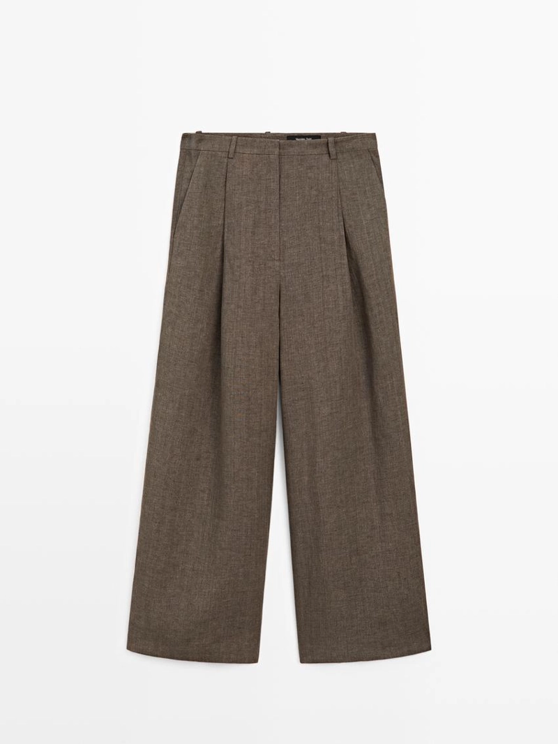 Льняные меланжевые защипанные брюки