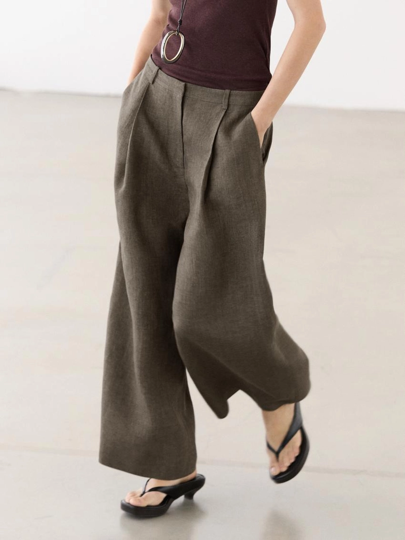 Льняные меланжевые защипанные брюки