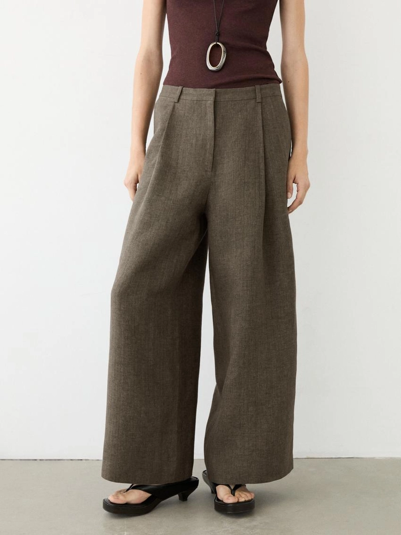 Льняные меланжевые защипанные брюки