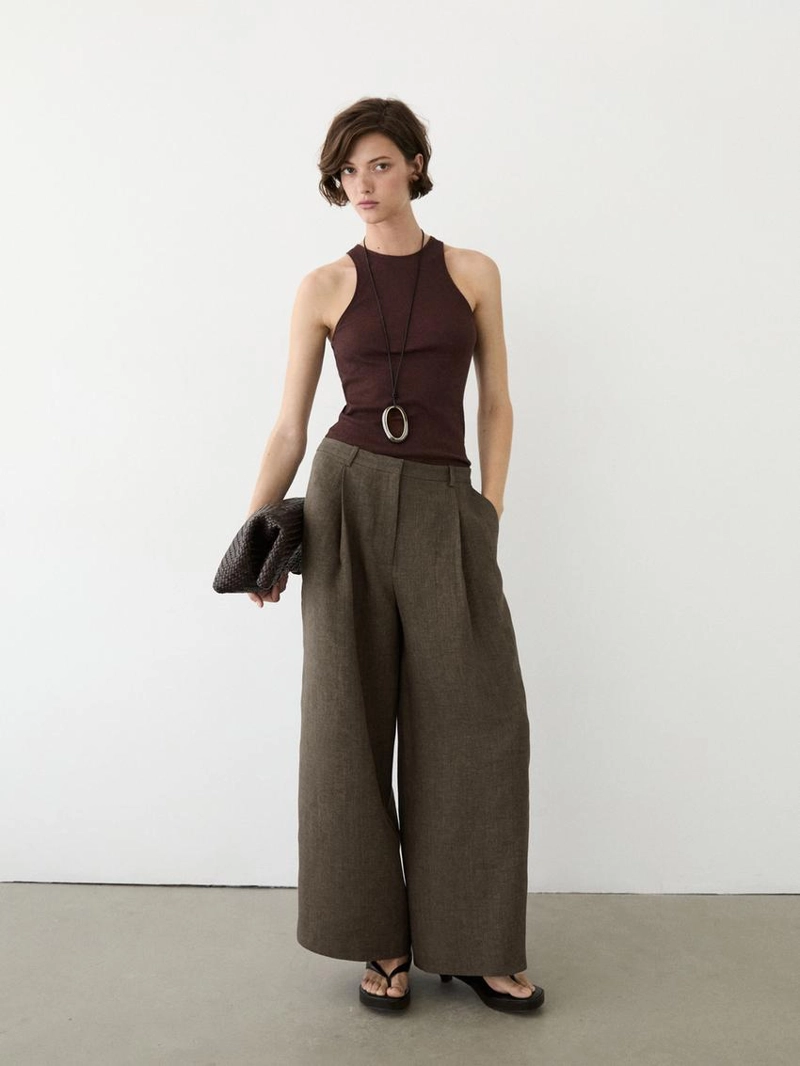 Льняные меланжевые защипанные брюки