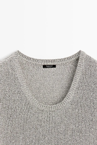 PEARL GREY | 5651/561/804 - Massimo Dutti Трикотажный свитер с коротким рукавом и деталями из нитей