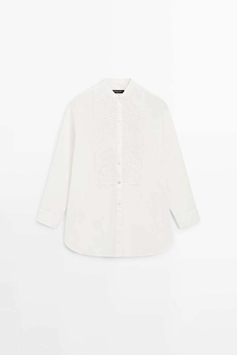 Рубашка из 100% хлопкового поплина с вышитым биб-образным воротником