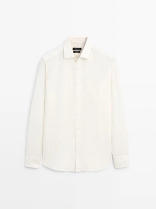 Рубашка из 100% льна с прекрасной полосатой отделкой- Заказать в России