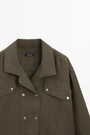 Рубашка из 100% льна с деталями на кнопках- Заказать в России