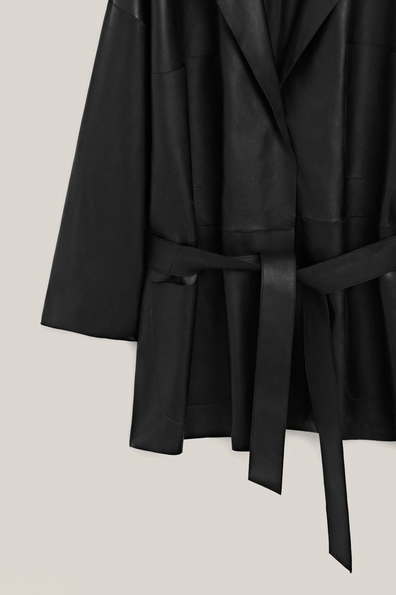 Длинная куртка из натуральной кожи нубук с поясом - лимитированная коллекция