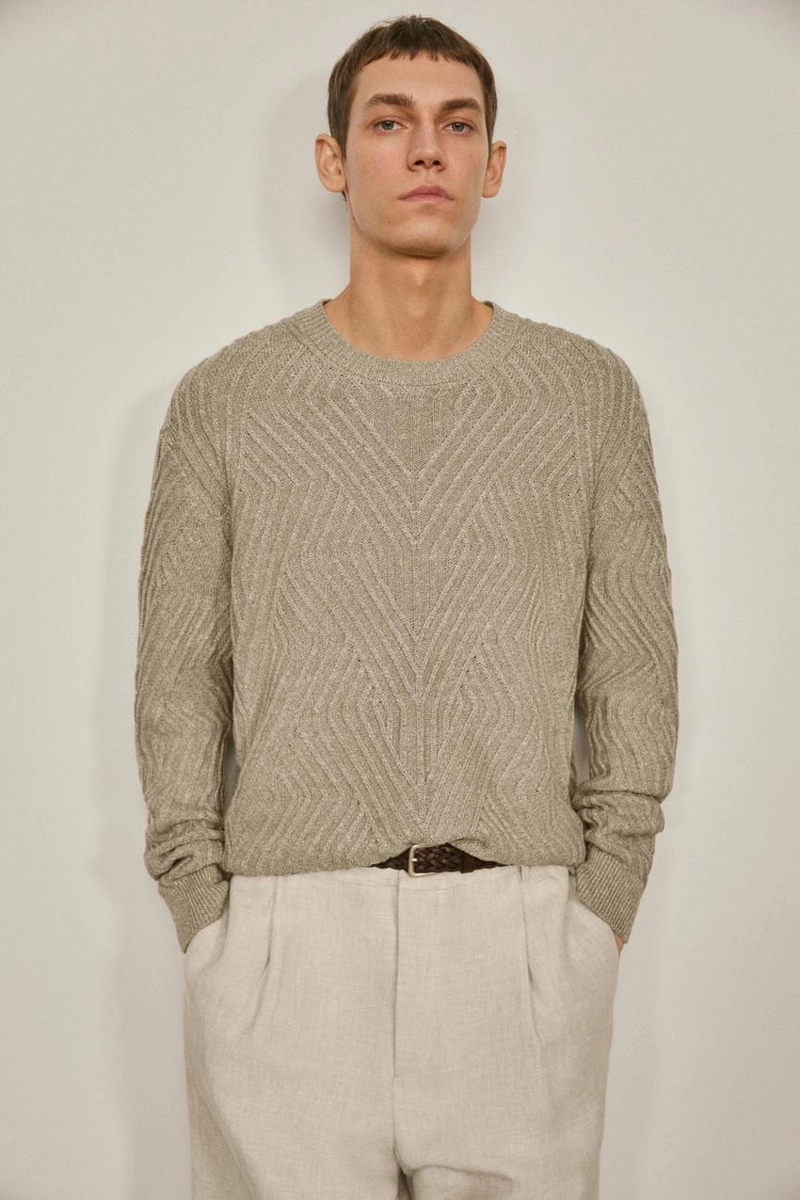 Свитер с аранским узором из льняной смеси - limited edition