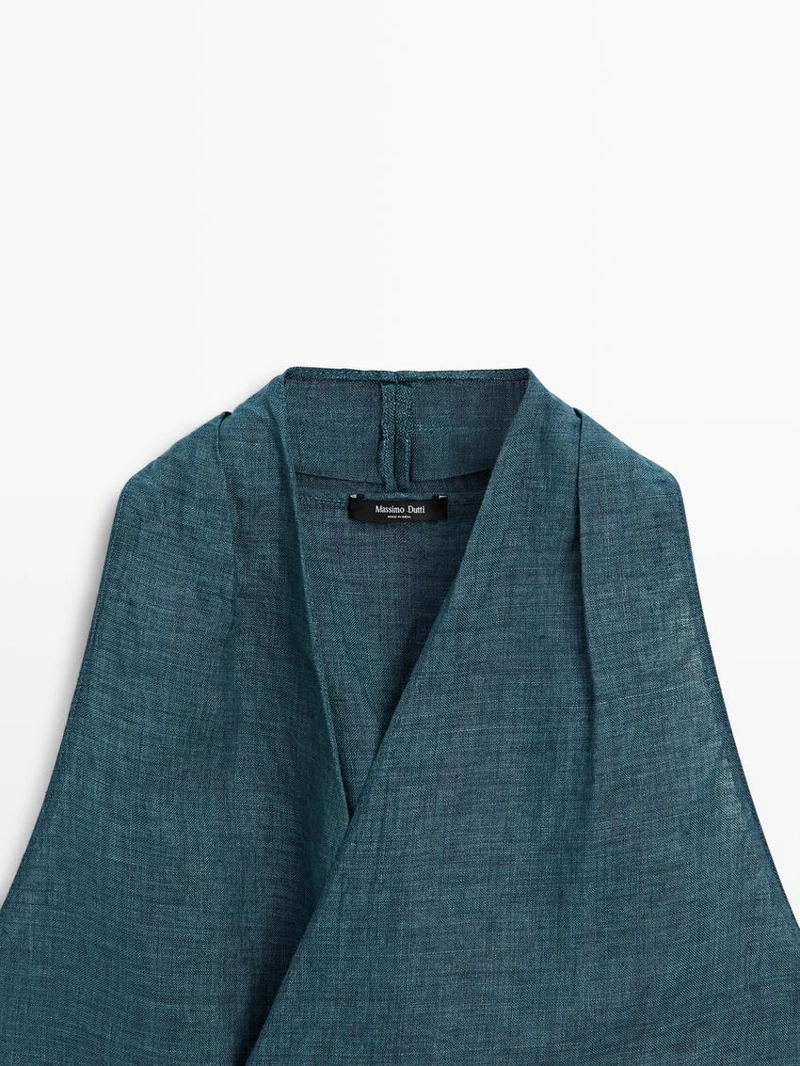 Топ из 100% льна с перекрестным воротником и деталью банта