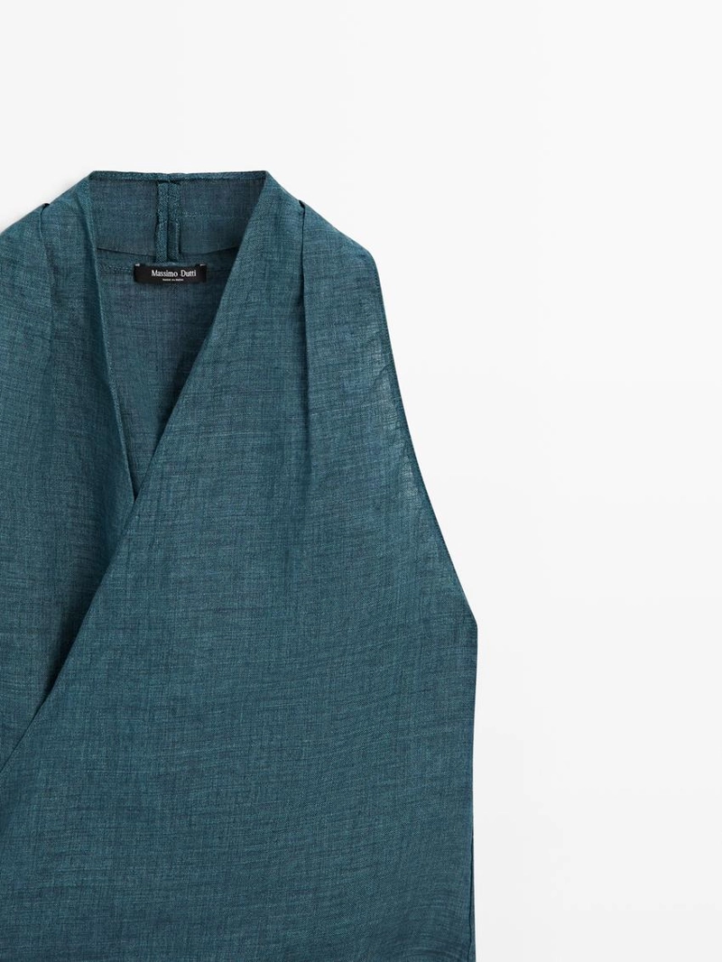 Топ из 100% льна с перекрестным воротником и деталью банта