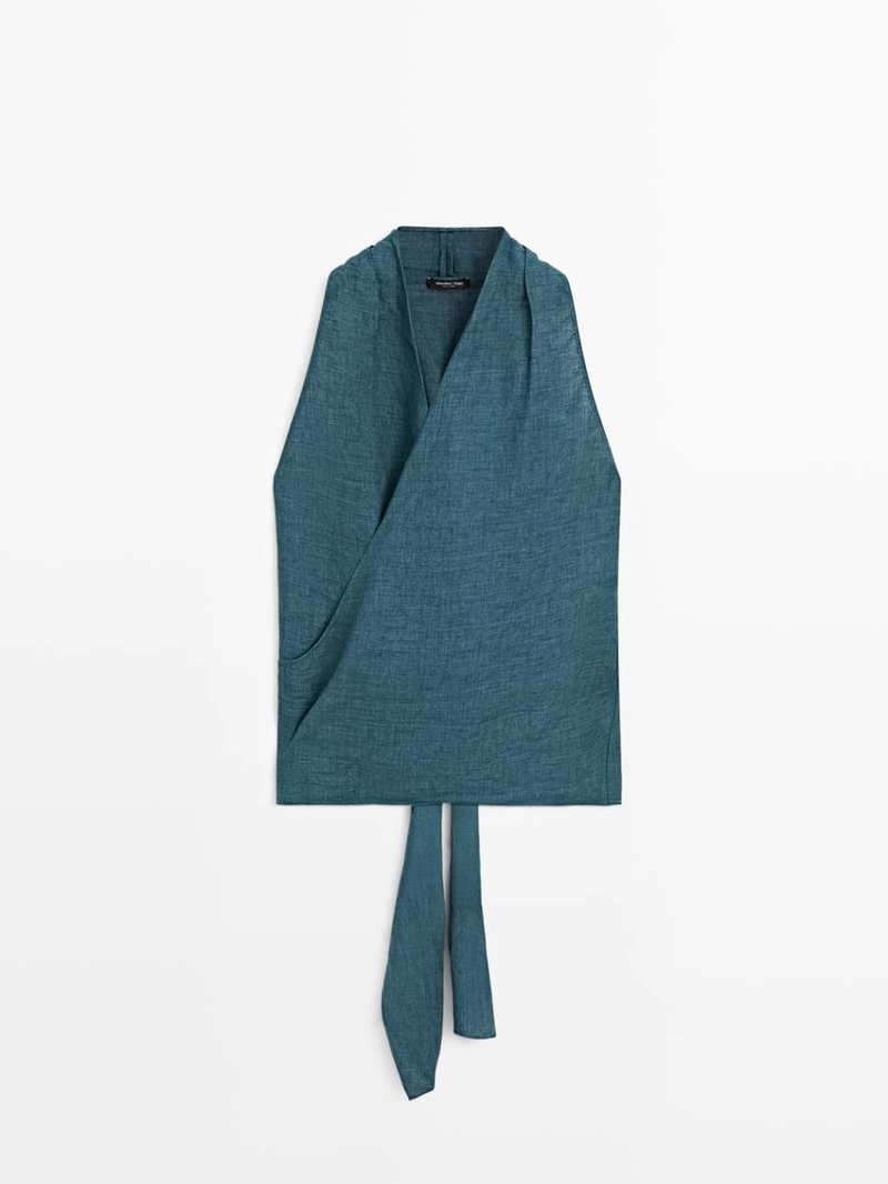 Топ из 100% льна с перекрестным воротником и деталью банта