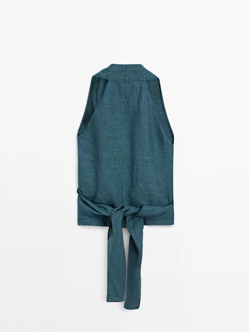 Топ из 100% льна с перекрестным воротником и деталью банта