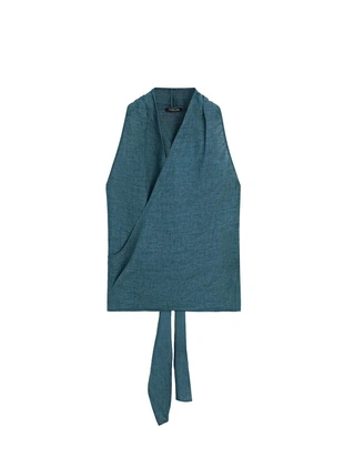 Топ из 100% льна с перекрестным воротником и деталью банта- Заказать в России