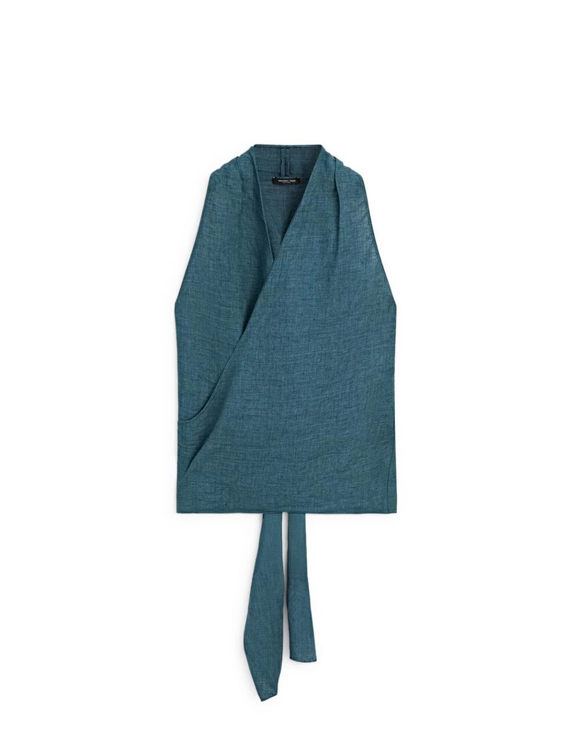 Топ из 100% льна с перекрестным воротником и деталью банта