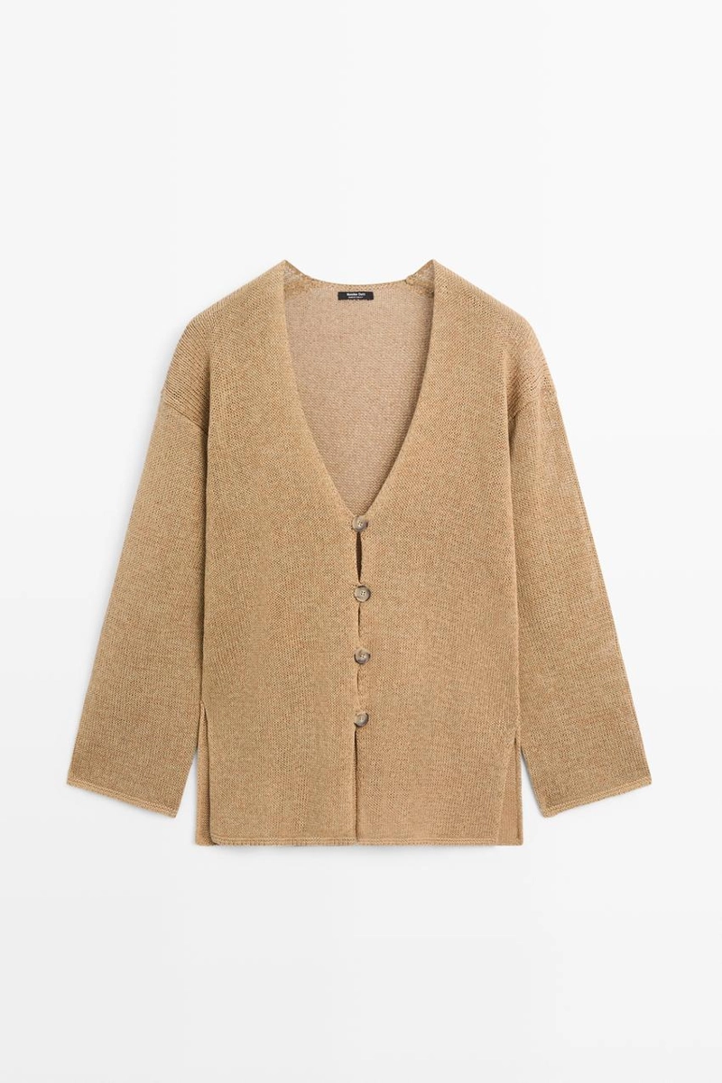 Длинный вязаный кардиган с v-образным вырезом