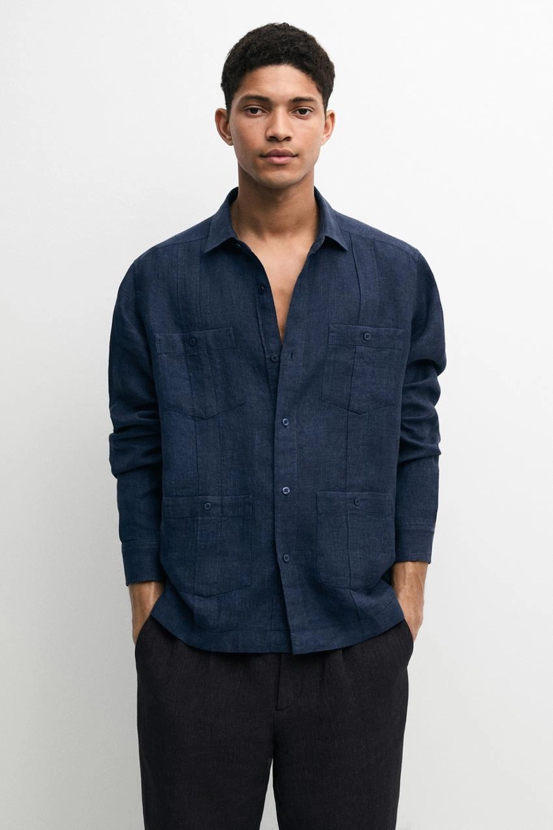 Рубашка regular fit из 100% льна с карманами