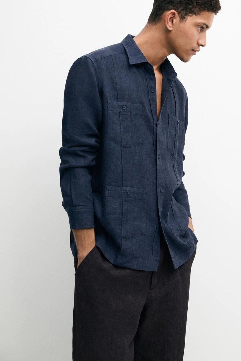 Рубашка regular fit из 100% льна с карманами
