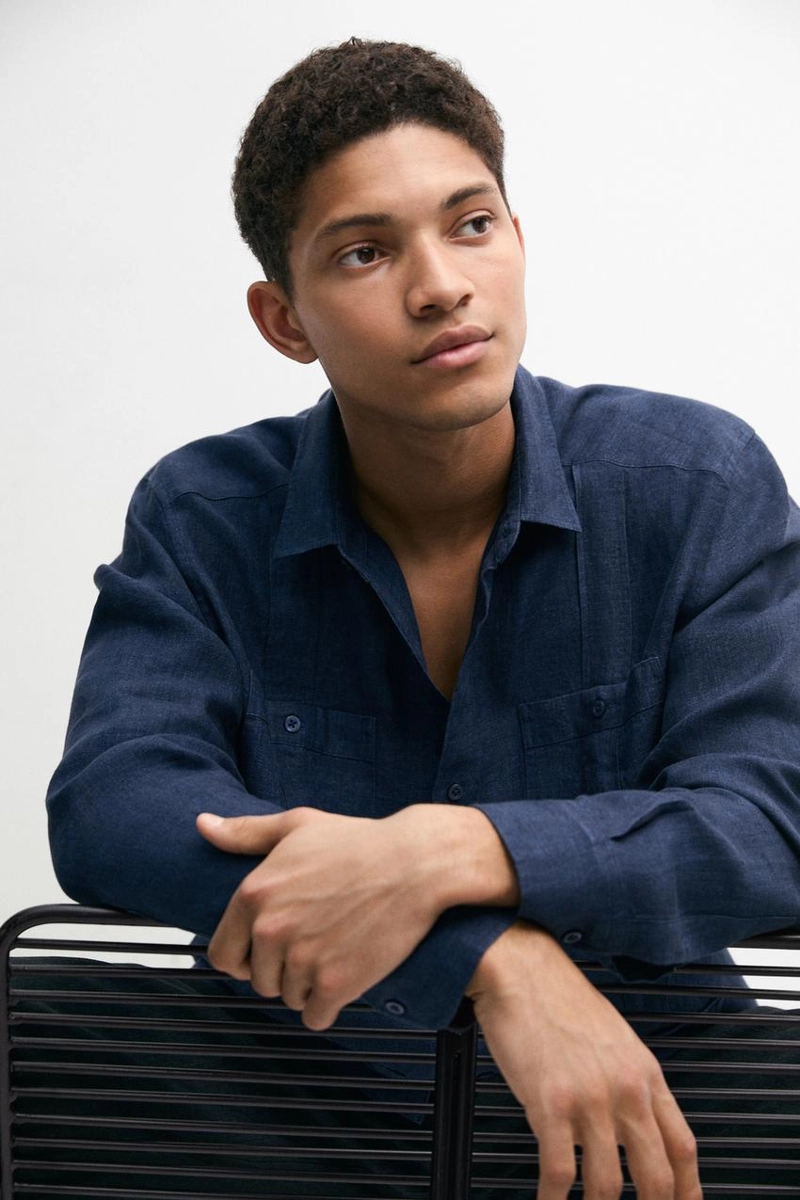 Рубашка regular fit из 100% льна с карманами