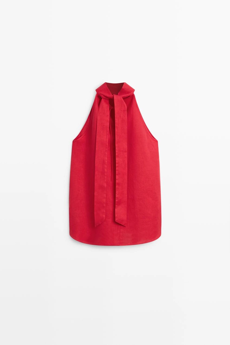 Топ из льна с перекрестным воротником на шее