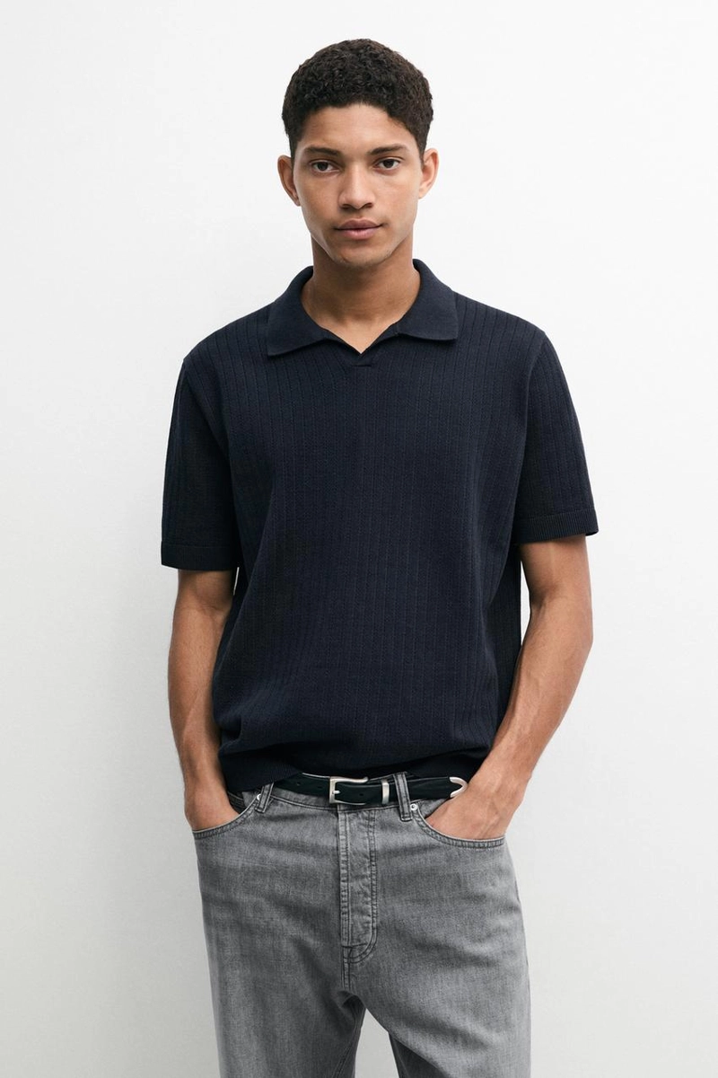 Поло-свитер из хлопково-леночной смеси с v-образным вырезом