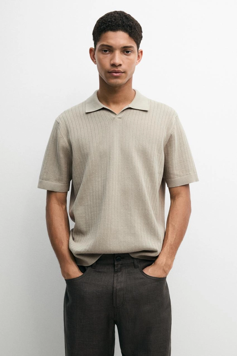Поло-свитер с v-образным вырезом из хлопково-леновой смеси
