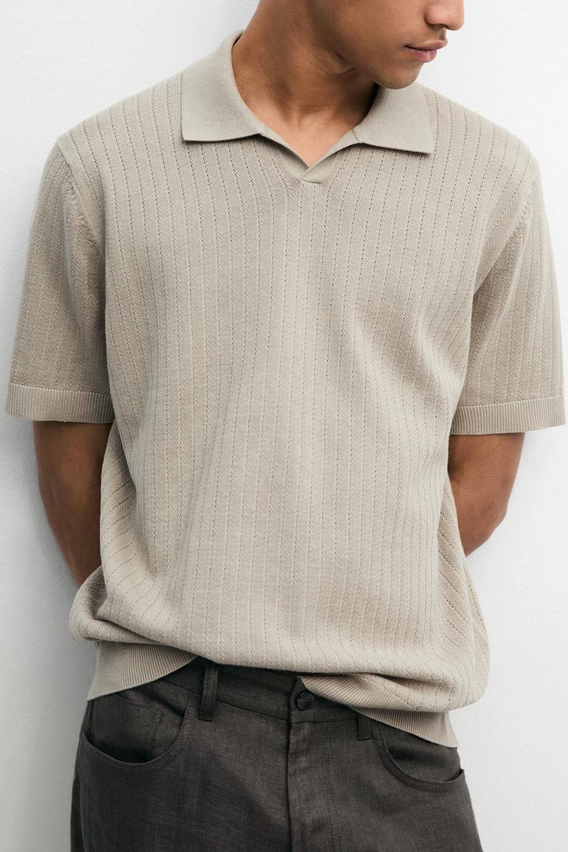 Поло-свитер с v-образным вырезом из хлопково-леновой смеси