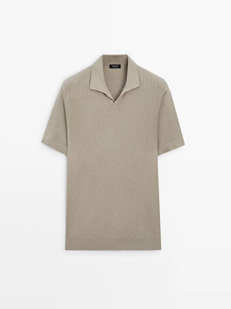 Поло-свитер с v-образным вырезом из хлопково-леновой смеси