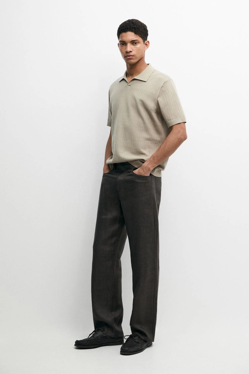 Поло-свитер с v-образным вырезом из хлопково-леновой смеси