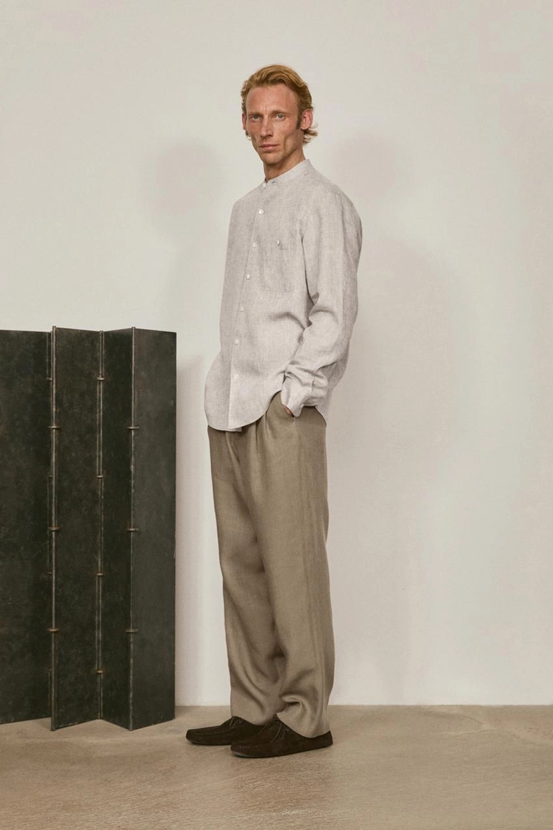 Рубашка с воротником-стойкой из 100% льна - лимитированная коллекция