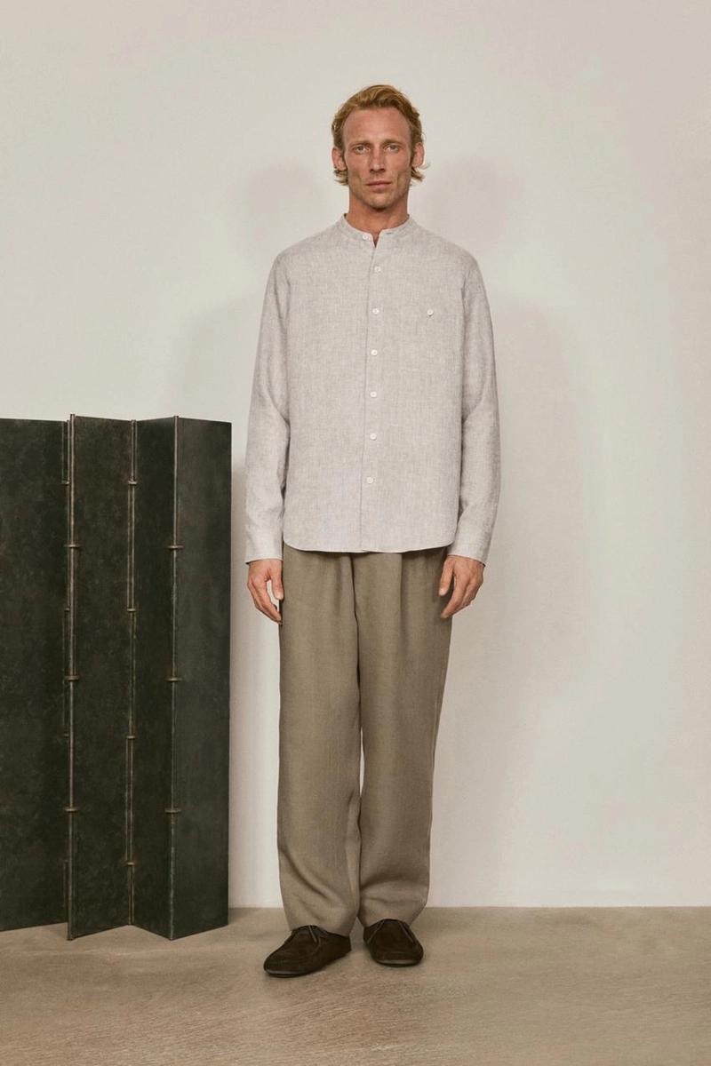Рубашка с воротником-стойкой из 100% льна - лимитированная коллекция